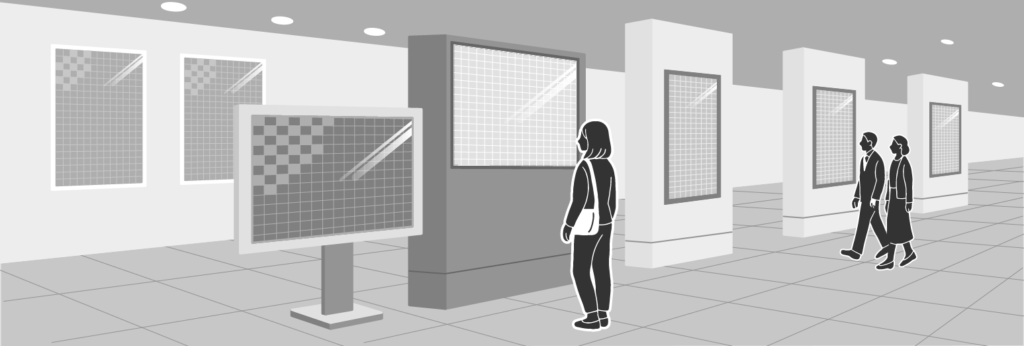 屋内用・屋外用ディスプレイ（モニター・サイネージ）のイメージ画像です。カムビアスでは、タッチモニターや窓際に設置する高輝度ディスプレイ、バッテリー式や丸形など特殊ディスプレイを取り扱っており、事例や仕様書・図面・マニュアルもご用意しています。