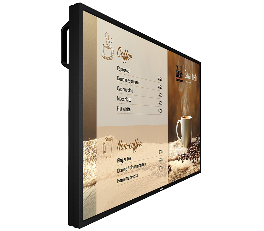 43BDL6017P11 は750cd/m²の高輝度パネルと堅牢な金属筐体、IP5X準拠の保護設計の業務用デジタルサイネージです