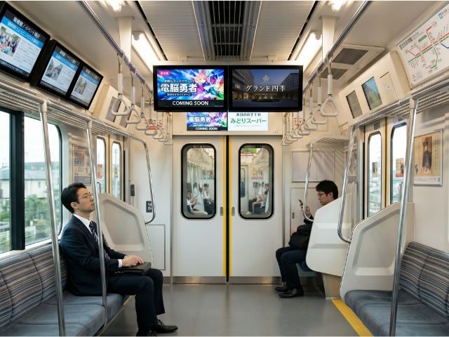 電車内デジタルサイネージによる動画広告配信の様子