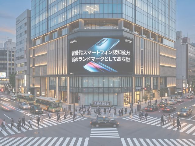 交差点ビルに設置された大型屋外LEDビジョン広告